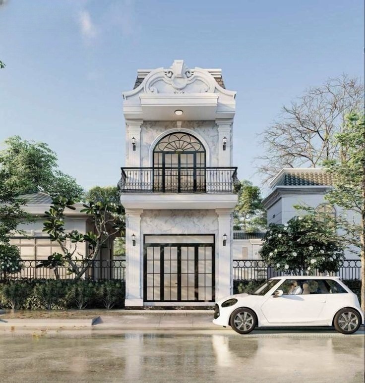 Hình 3D nhà 1 trệt 1 lầu phong cách tân cổ điển