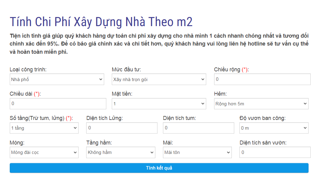 cách tính chi phí xây dựng nhà