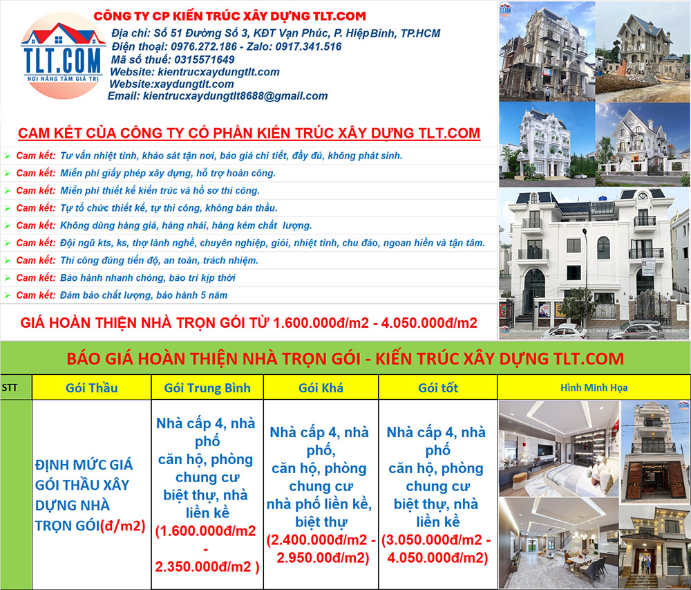 Bảng giá hoàn thiện nhà trọn gói