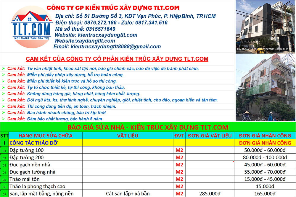 Bảng báo giá sửa chữa nhà trọn gói