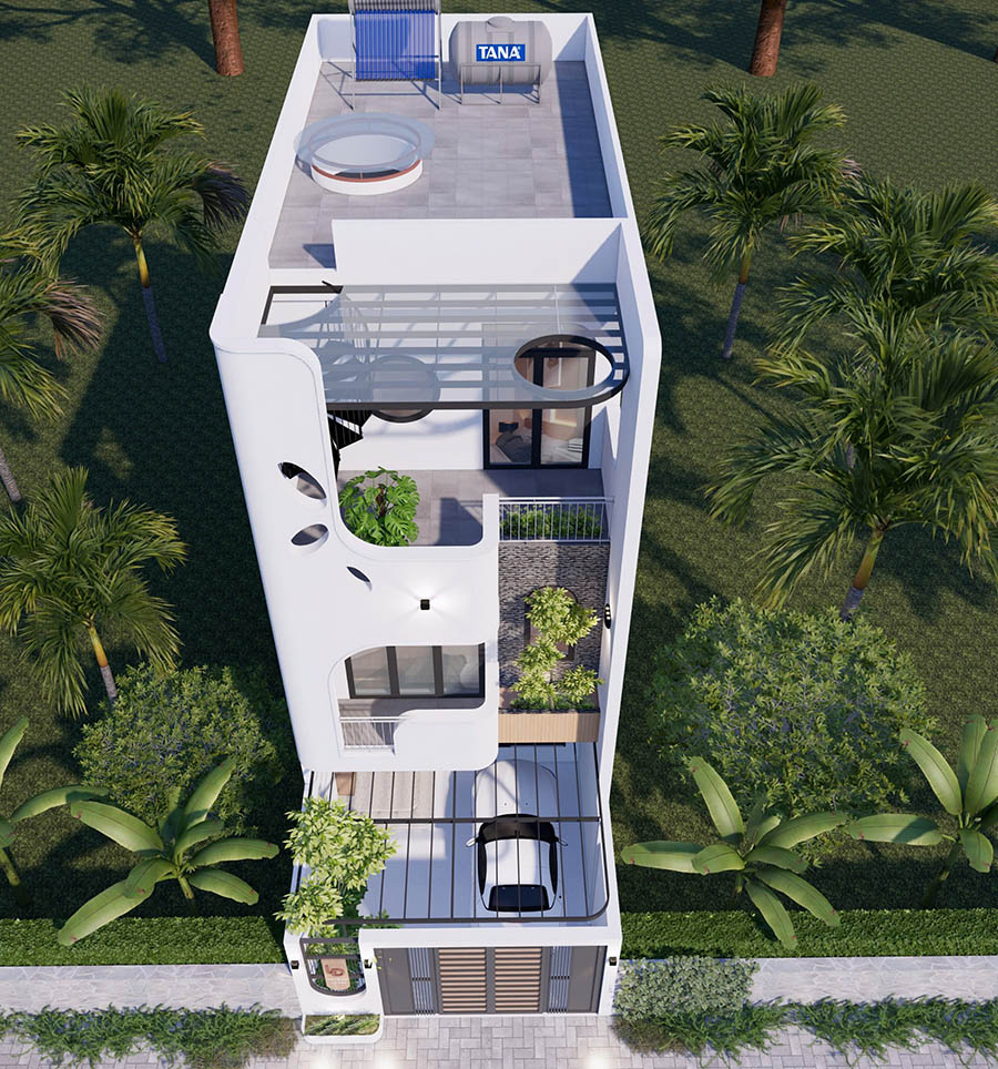 Góc nhìn từ trên cao xuống của nhà 1 trệt 1 lầu sân thượng