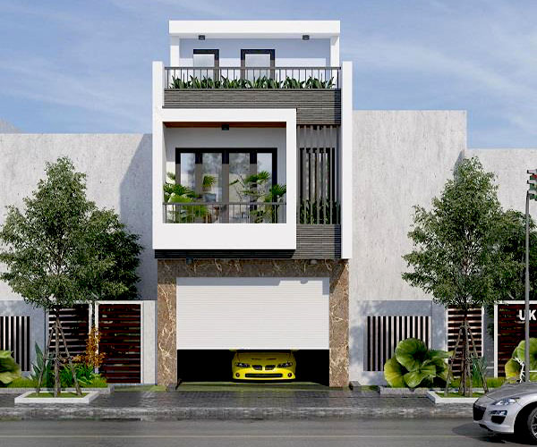 Mẫu nhà ống 2 tầng đẹp có tum phong cách kiến trúc hiện đại