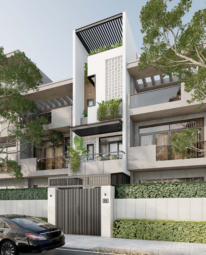 thiết kế nhà 1 trệt 2 lầu có sân thượng