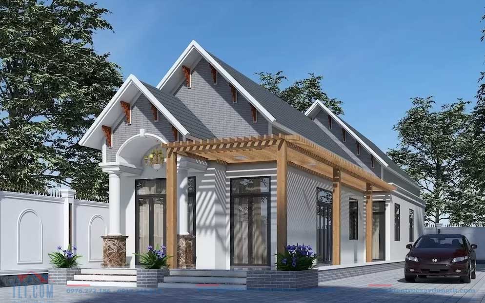 Mẫu nhà mái thái cấp 4 có sân để ô tô