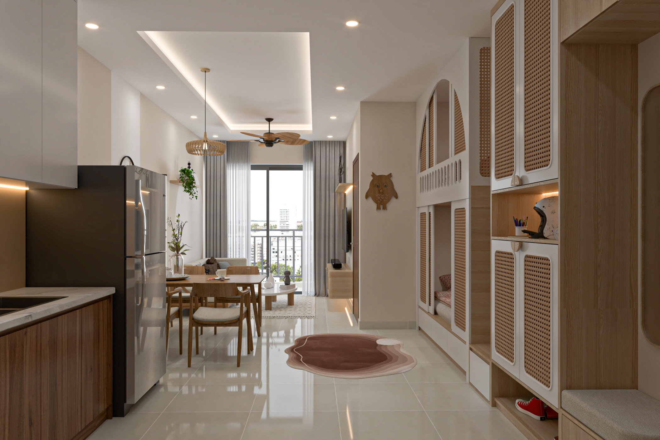 Không gian nội thất phòng bếp và phòng khách của ngôi nhà