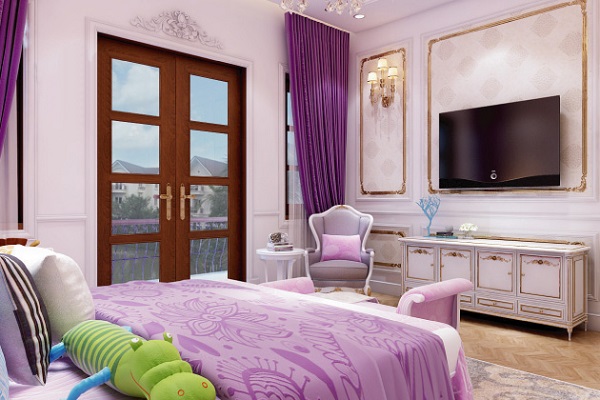 Thiết kế nội thất phòng ngủ màu tím cho con gái